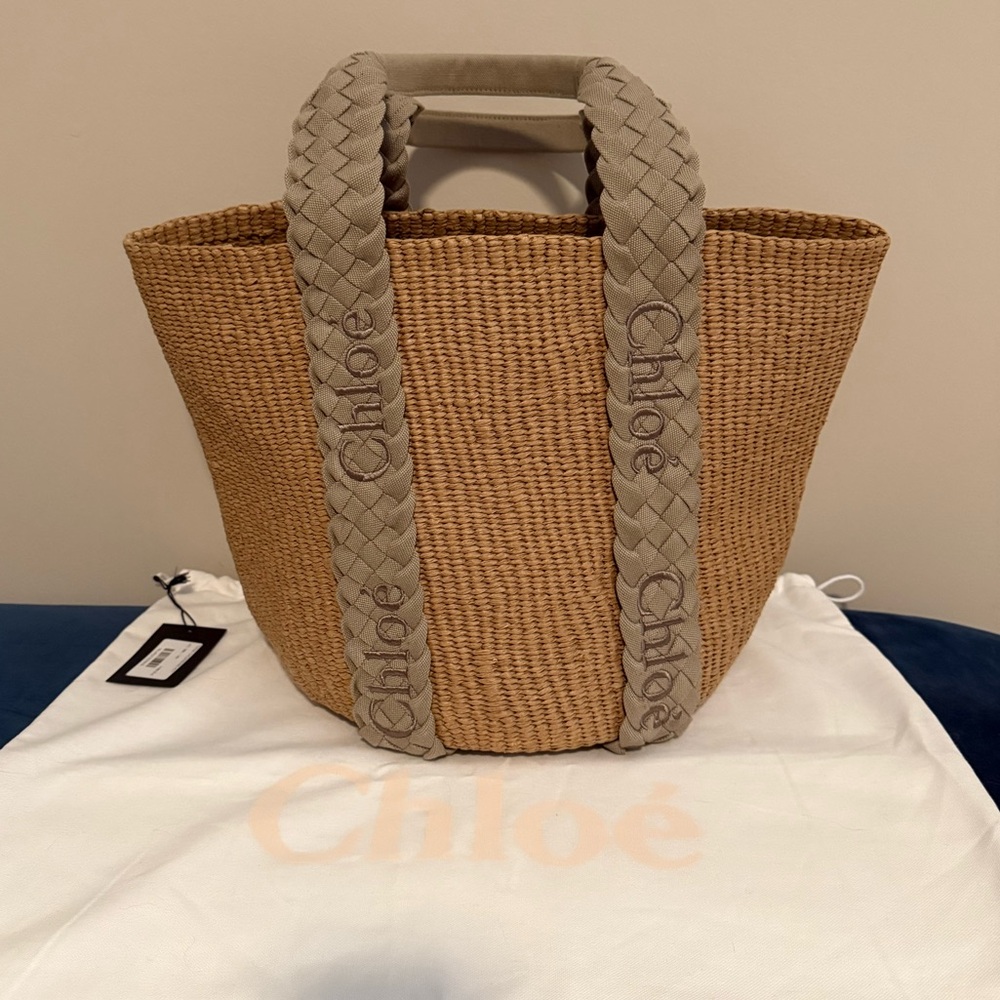 NWT Authentic Chloé Large Woody Braided Grey Raffia - Picture 5 of 11
